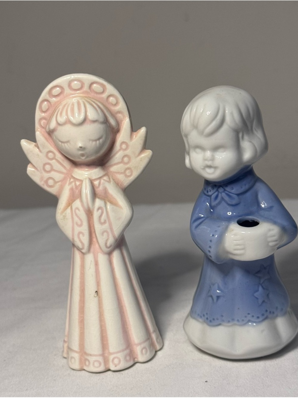 Vintage Ceramic Angels, One Pink With Praying Hands, One Blue With Candle Holder
